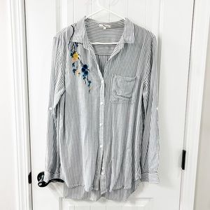 Laju Navy Striped Collared Button Down Floral Embroidery Accent Size Large